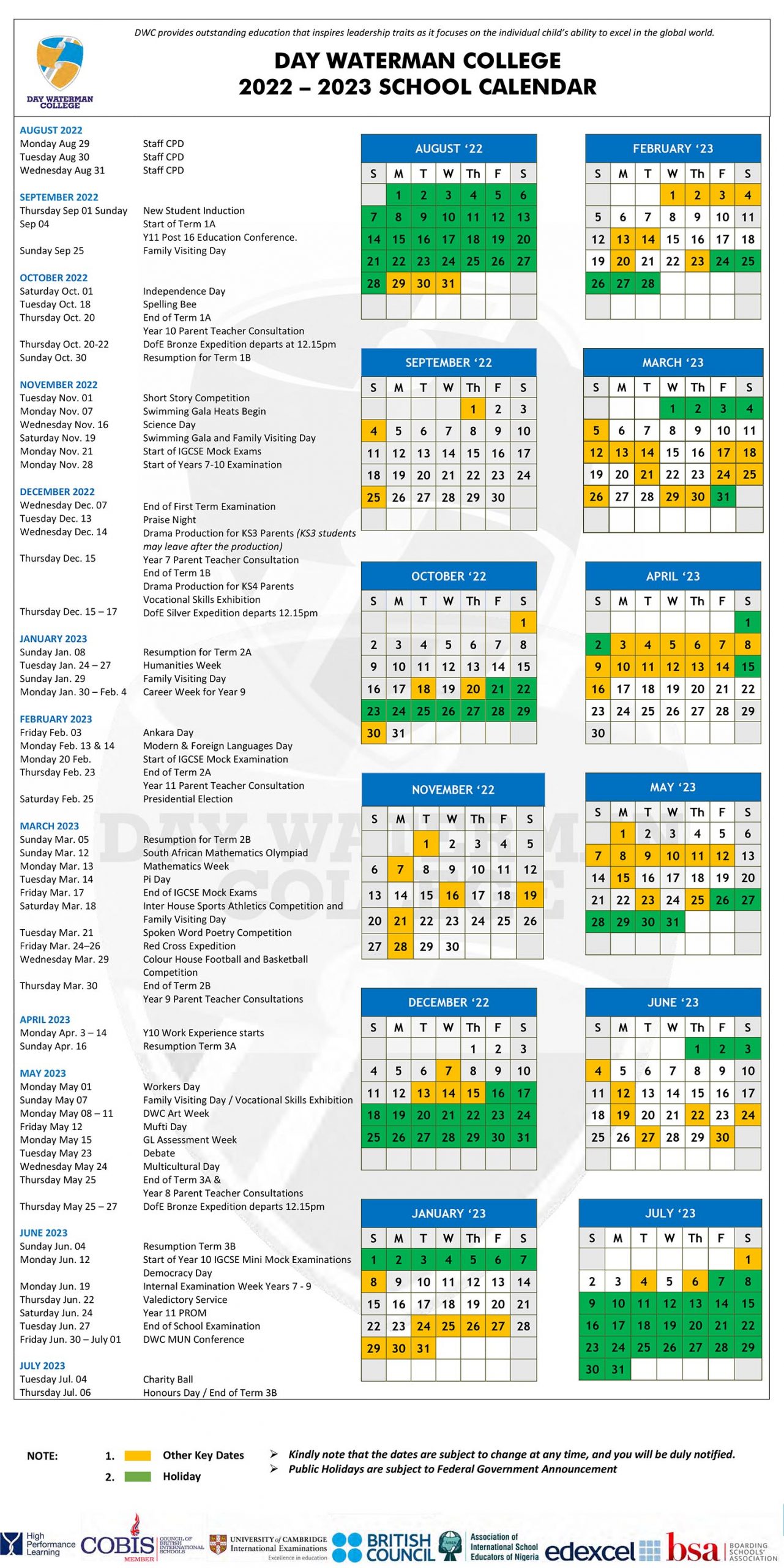 School Calendar – Day Waterman College