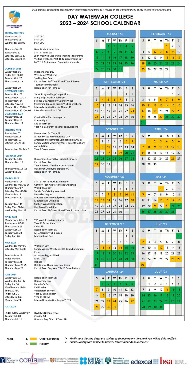 School Calendar Day Waterman College