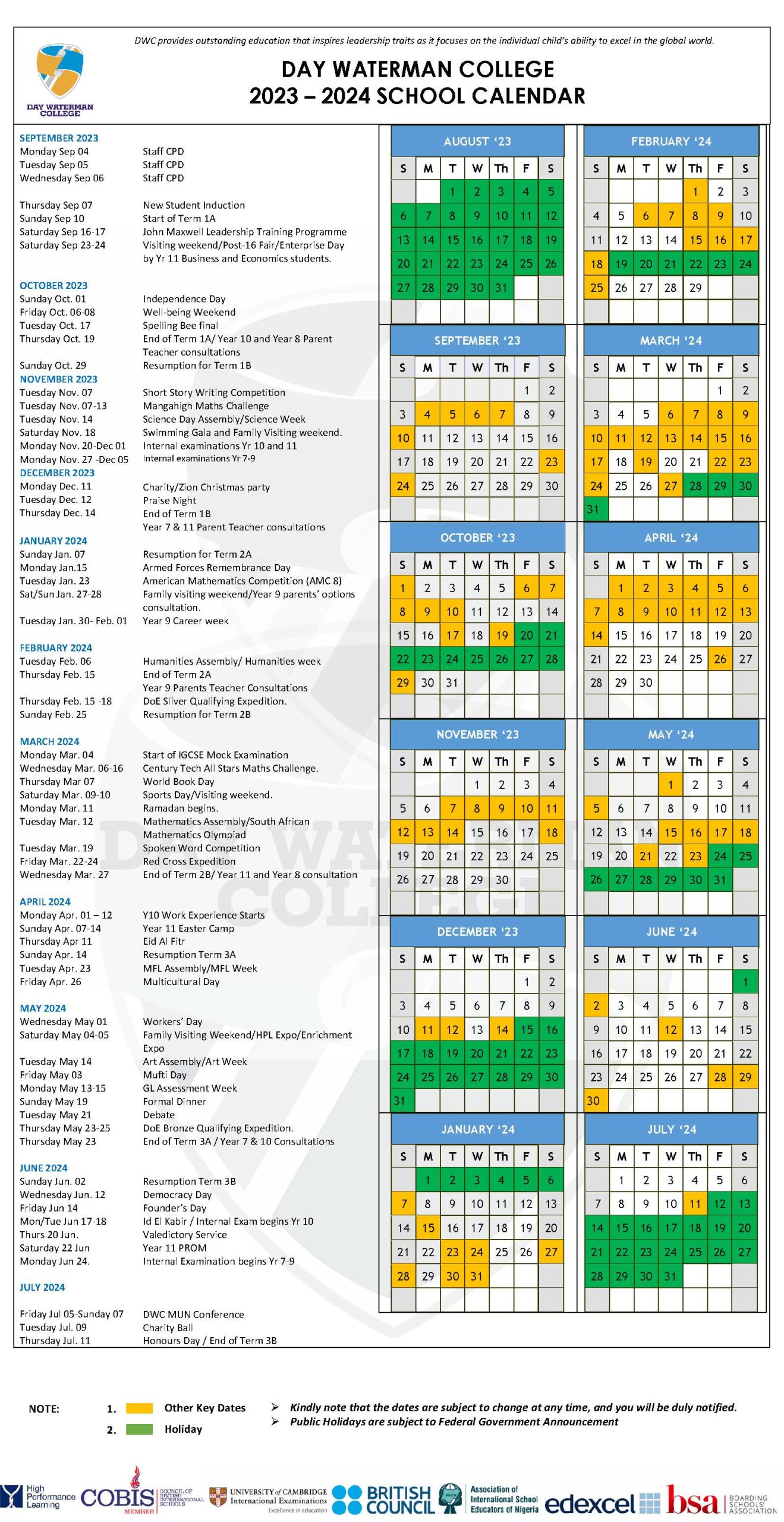 School Calendar – Day Waterman College